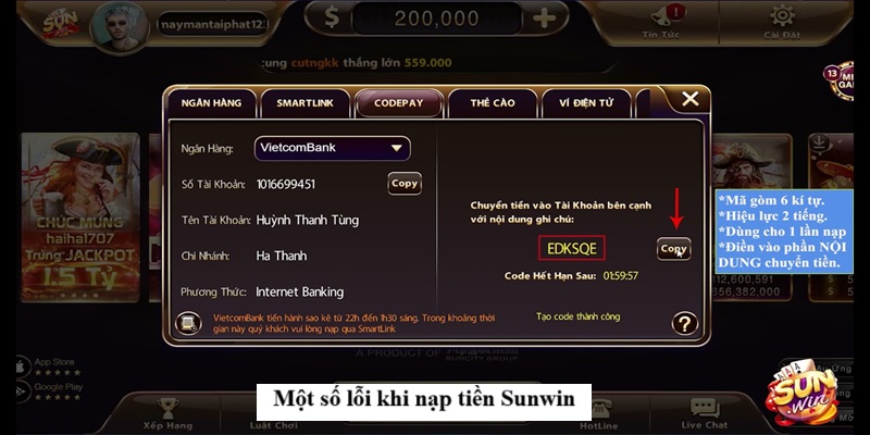 Một số lỗi khi nạp tiền Sunwin